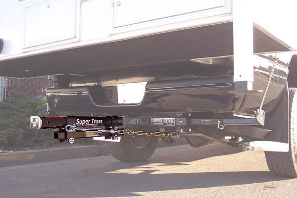 Image of SuperTruss hitch extension installed on truck with camper